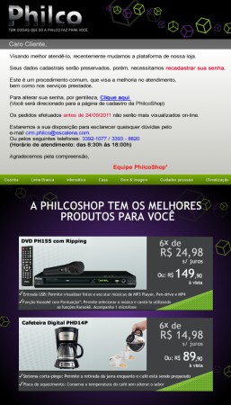 E-mail MKT Philco, troca de senha